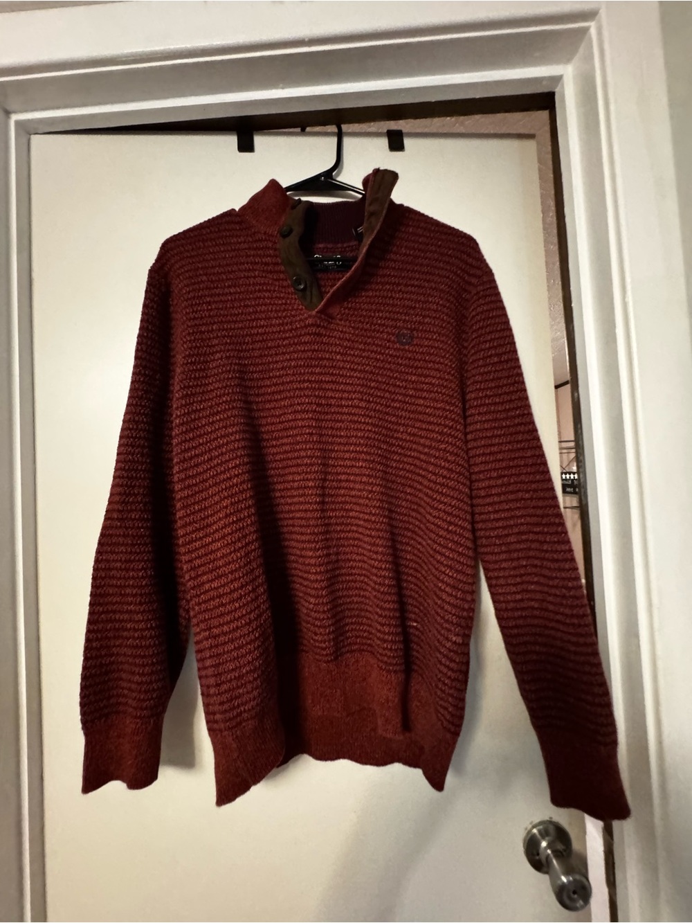 Men's Brick Red Knit Pullover Sweater with Button Collar